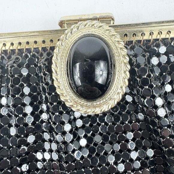 VTG Whiting & Davis Clutch Purse Black Metal Mesh Beaded Closure Chain Strap USA - Picture 7 of 15